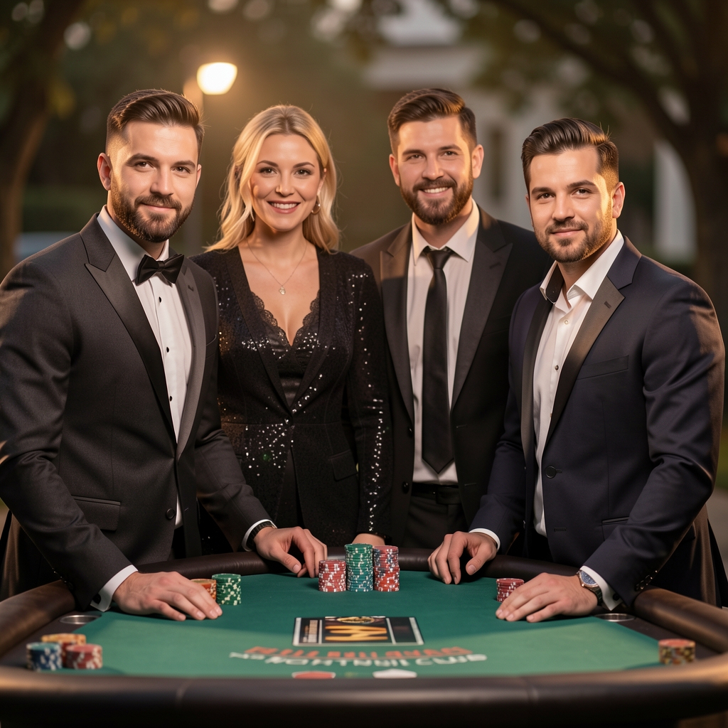 Czteroosobowy zespół FRYZ AND BIZ ALEKSANDRA NOWAKOWSKA w eleganckich strojach pozuje przy stole pokerowym gotowy do organizacji eventu, ciepłe studio oświetlenie
