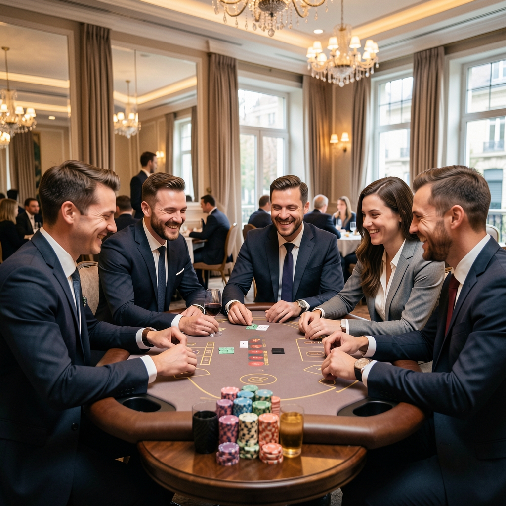 Pracownicy firmy bawią się przy stole pokerowym podczas imprezy integracyjnej w eleganckim wnętrzu restauracji, uśmiechnięci i zaangażowani w grę