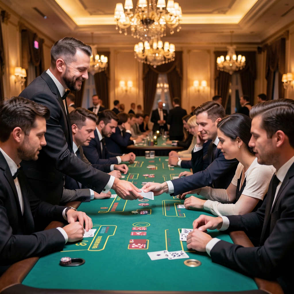 Krupier profesjonalnie rozdaje karty przy stole do blackjacka podczas eventu wieczornego, gracze skupieni na swojej grze przy eleganckim oświetleniu