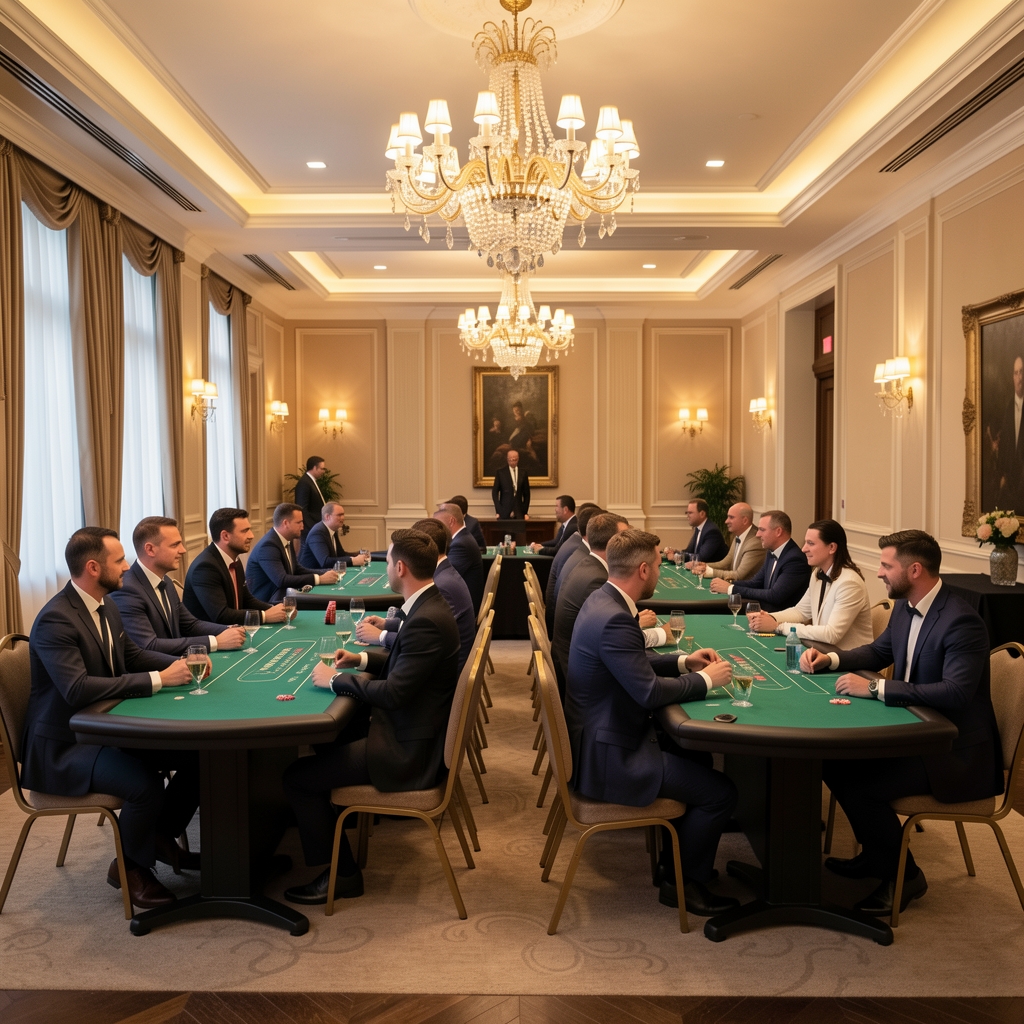 Panoramiczne ujęcie dużej sali bankietowej z czterema stołami do pokera, elegancko ubrani goście eventu firmowego siedzą i grają w karty, ciepłe żyrandolowe oświetlenie, nastrojowa atmosfera