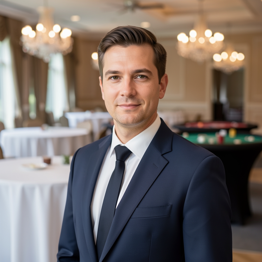 Elegancka sala na event Casino Night — okrągłe stoły z białymi obrusami, żyrandole, trzy stoły do gier (poker ruletka blackjack) rozmieszczone w przestronnej sali
