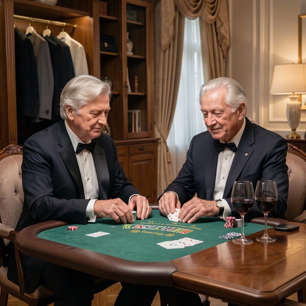 Starsza para w eleganckiej garderobie bawi się przy stole do blackjacka podczas prywatnego wieczoru, rozluźniona atmosfera, kieliszki wina obok