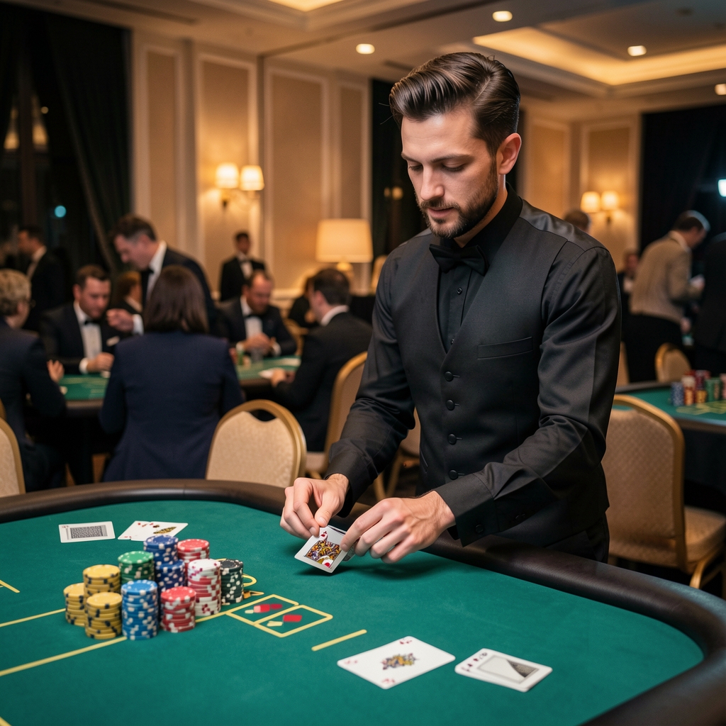 Krupier w czarnej kamizelce przygotowuje talie kart przy wieczornym oświetleniu przed rozpoczęciem eventu pokerowego, stosy żetonów gotowe do gry
