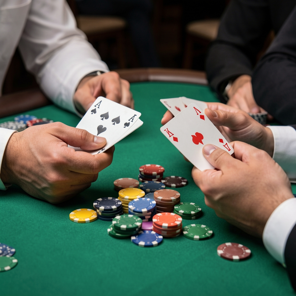 Zbliżenie na dwie ręce trzymające karty pokerowe — para asów — przy zielonym suknie stołu, kolorowe żetony pokerowe ułożone w stosy na blacie