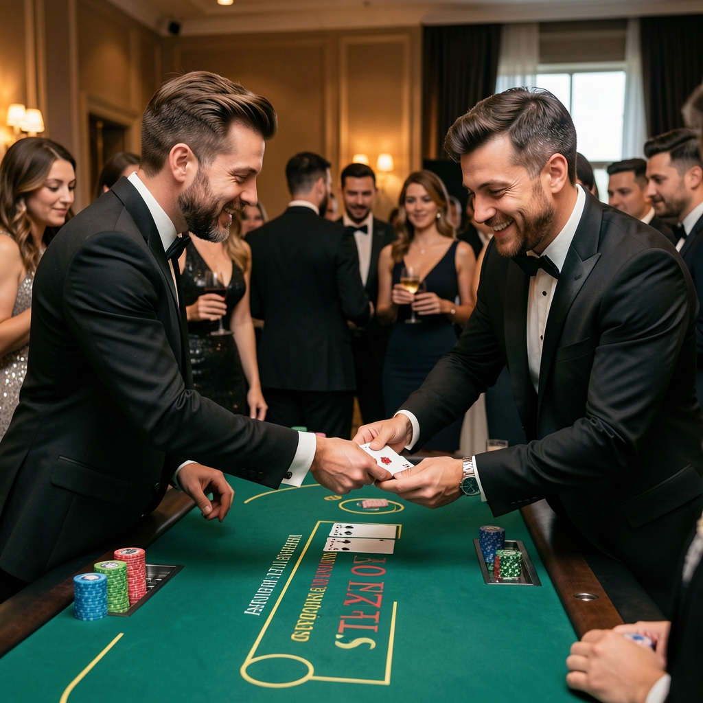 Profesjonalny krupier w czarno-białej koszuli i muszce sprawnie rozdaje karty na stole do blackjacka podczas wieczornego eventu, skupieni gracze obserwują grę
