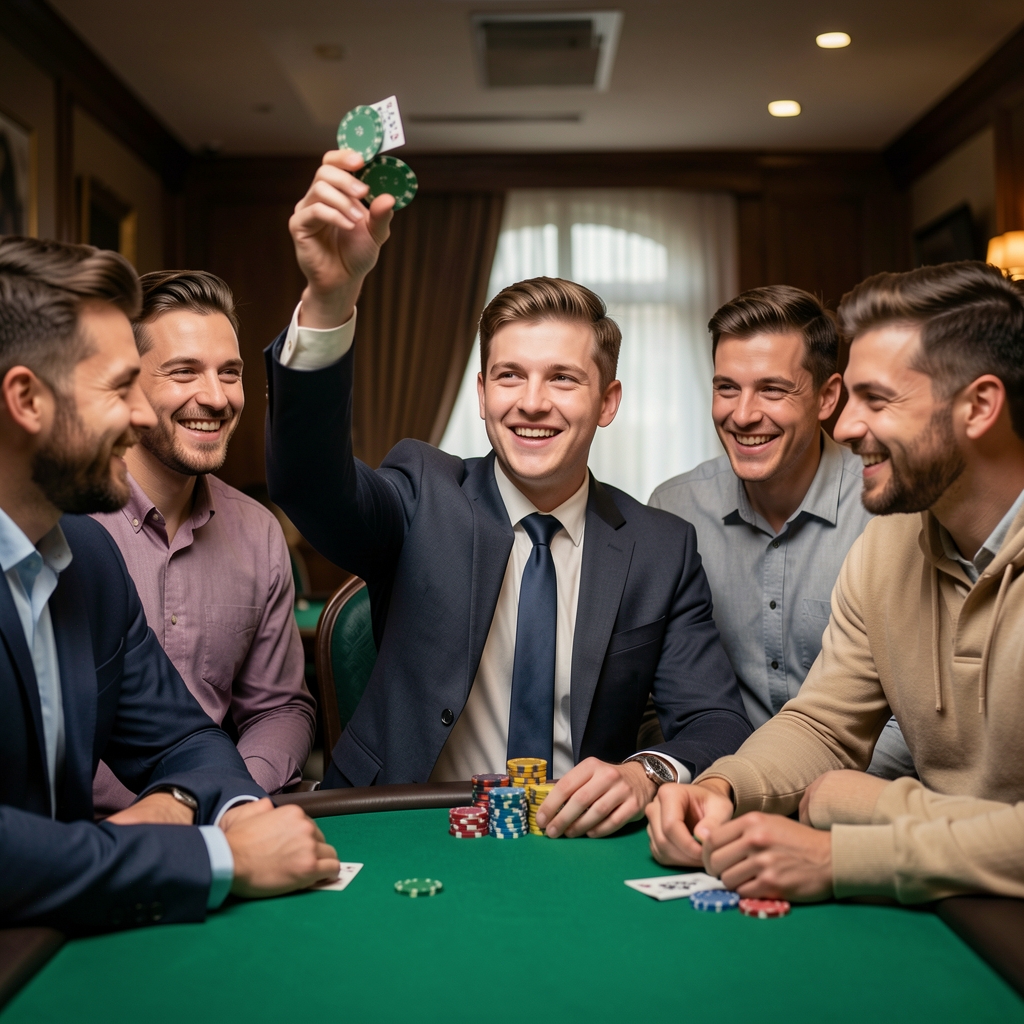 Młody mężczyzna w garniturze triumfalnie unosi pięść po wygranej ręce pokerowej, przyjaciele wokół klaszczą i reagują z entuzjazmem przy stole pokerowym