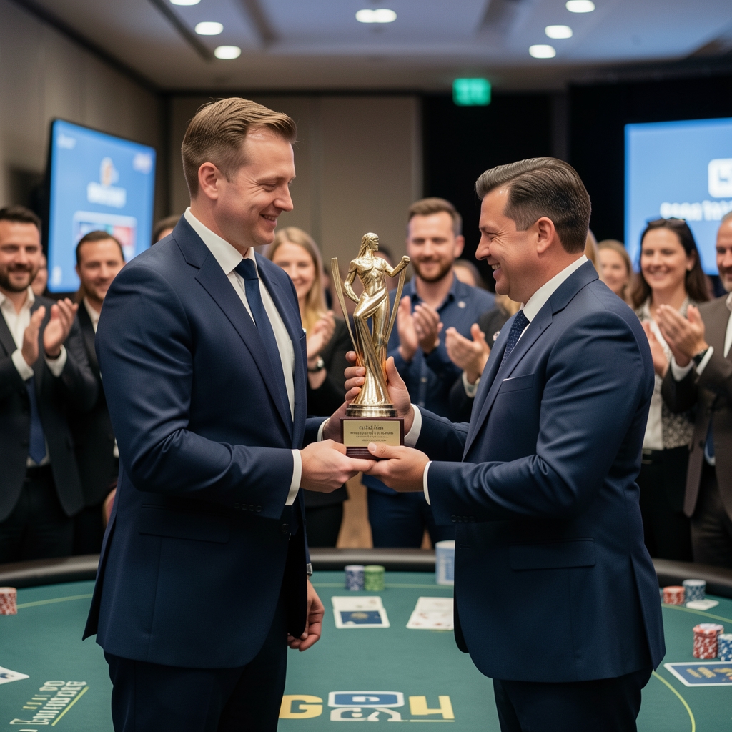 Ceremonia wręczenia nagród na evencie pokerowym — prowadzący w garniturze wręcza trofeum zwycięzcy turnieju, uczestnicy eventu klaskają w tle