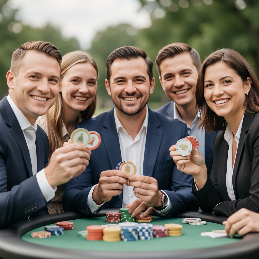 Drużyna pracowników firmy fotografuje się wspólnie przy stole pokerowym po wygranym turnieju teambuilidngowym, wszyscy uśmiechnięci z żetonami w rękach