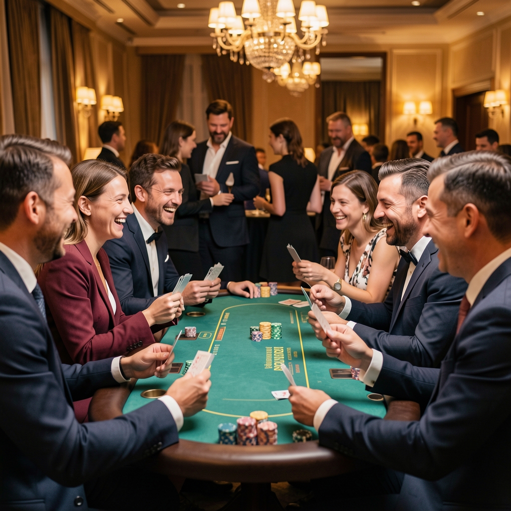 Elegancka impreza firmowa z grami towarzyskimi — goście siedzą przy stole pokerowym, śmieją się i trzymają karty w tle ciepłego, nastrojowego oświetlenia