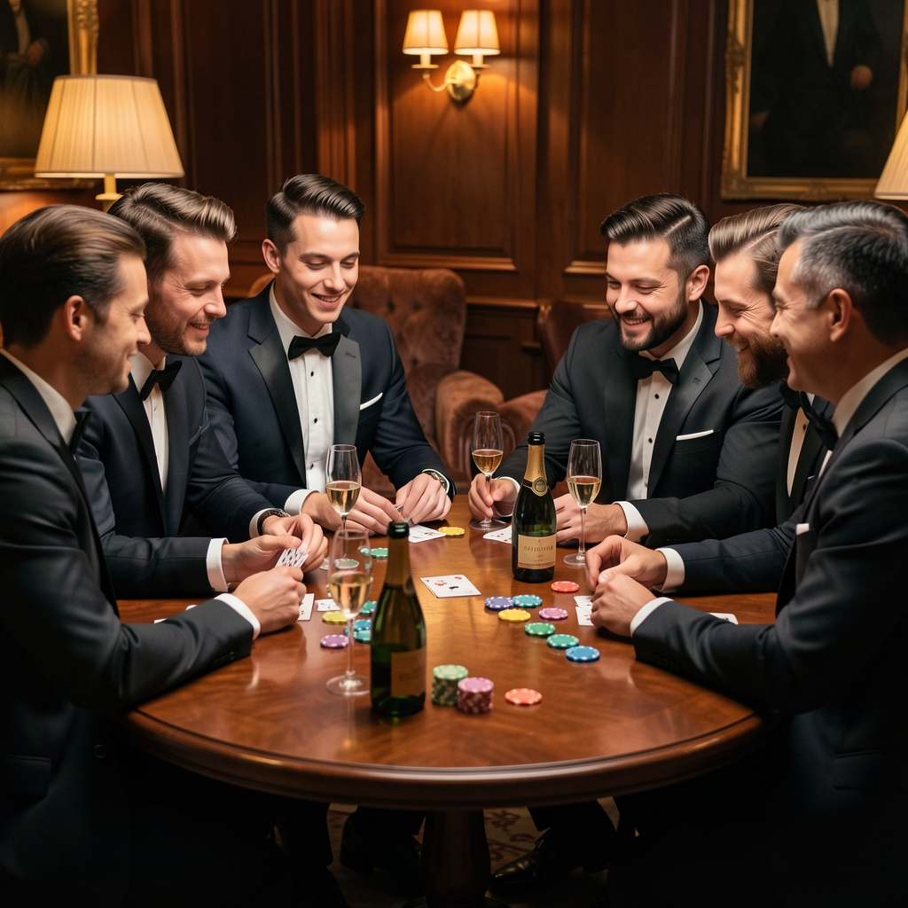 Grupa przyjaciół w eleganckich strojach gra w karty przy okrągłym stole z kolorowymi żetonami pokerowymi, lampkami szampana na blacie, nastrojowe oświetlenie